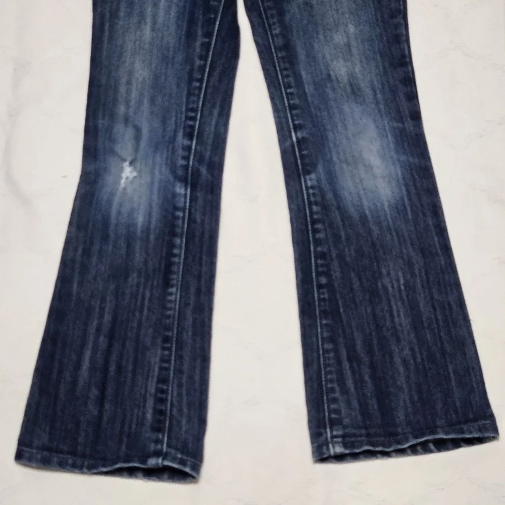 Old Navy Bootcut Jeans Girls 7‎ Blue Rainbow Embroidered Dark Wash Stretch Boho